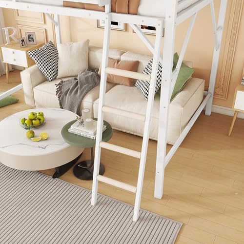 KEIKI Queen Size Metal Loft Bed Frame with Ladder and Built-in Storage Shelves, for Teens, Modern Style Loft Bed with Solid Slats, Guardrail, No Box Spring Required, Easy Assembly, for Bedroom, White - Image 6