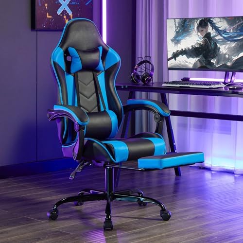 Gaming Desk Chair for Adults, Ergonomic Gaming Chair (Black+Blue) | with Footrest & Headrest and Lumbar Support, Leather Material Height Adjustable computer Video Game Chairs - Image 2