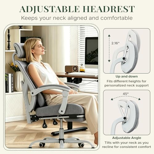 Ergonomic Office Chair with Footrest, Computer Gaming Chair | Adjustable Headrest, Lumbar Support, Swivel Reclining, Padded Armrest, Mesh High Back, Home Desk Work Study, Grey - Image 6
