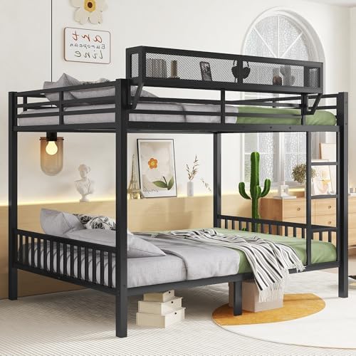 KEIKI Queen Over Queen Size Metal Bunk Bed Frame with Ladder and Built-in Storage Shelves, for Teens, Bunk Bed with Solid Slats, Guardrail, No Box Spring Required, Easy Assembly, for Bedroom, Black by KEIKI