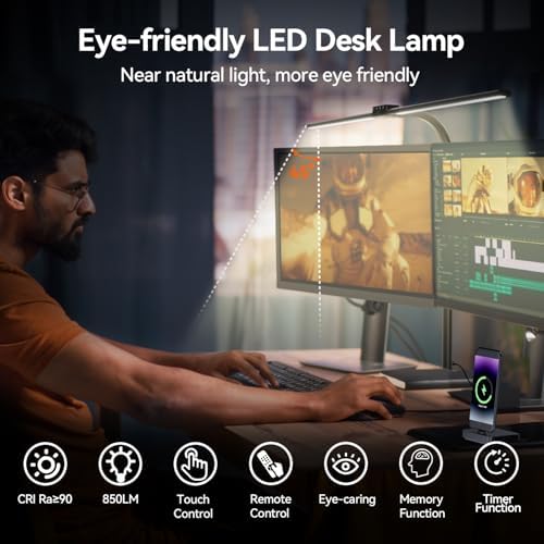 LED Desk Lamp for Home Office - 24W Eye-Caring Architect Clamp Light for Dual Monitors, Bright Task Light with USB Port, Touch Dimming, 5 Colors & 50 Modes, Flexible Gooseneck for Read, Study, Craft - Image 2