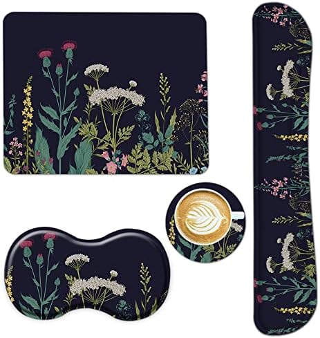 AIMSA Keyboard Wrist Rest Support + Mouse Pad + Mouse Wrist Rest + Coaster, Ergonomic Memory Foam Anti-Slip Rubber Base 4 PCS Set Easy Typing Pain Relief, Flowers Plants by AIMSA