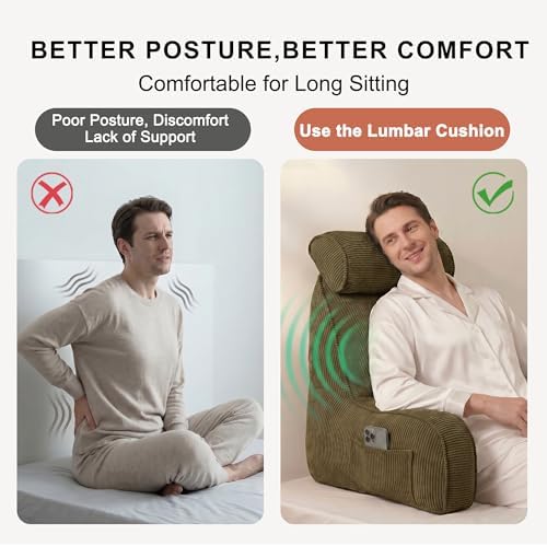 Bed Rest Reading Pillow with Arms & Detachable Headrest, Corduroy Backrest Cushion with Side Pockets & Washable Cover, Support Pillow for Sitting Up in Bed & Sofa Relaxing, Martini Olive - Image 5