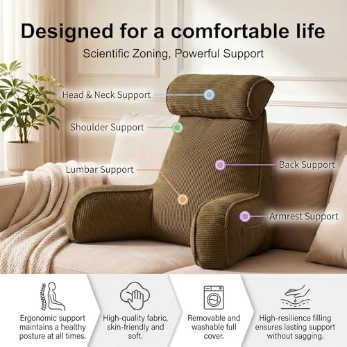 Bed Rest Reading Pillow with Arms & Detachable Headrest, Corduroy Backrest Cushion with Side Pockets & Washable Cover, Support Pillow for Sitting Up in Bed & Sofa Relaxing, Martini Olive - Image 3
