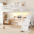 KEIKI Queen Size Metal Loft Bed Frame with Desk, Staircase, Built-in Storage Shelves and Wardrobe, Modern Loft Bed with Solid Slat, Guardrail, No Box Spring Required, Easy Assembly, for Bedroom, White by KEIKI