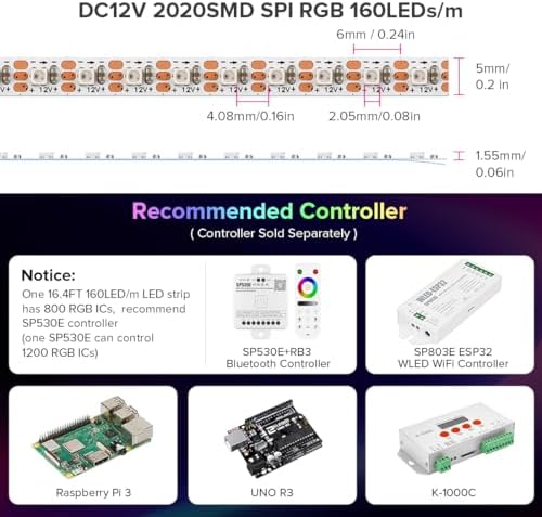 BTF-LIGHTING WS2812B LED Strip IC RGB 5mm 2020SMD DC12V 6.5FT 160LED/m - Image 4