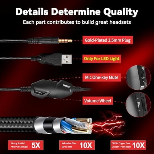 Jimonyer Gaming Headset with Microphone, 7.1 Surround Sound and Noise Canceling Over Ear Headphones for PC, PS4, PS5,Xbox Series,Switch, RGB Light and Soft Imitation Protein Earmuffs (Red) - Image 3