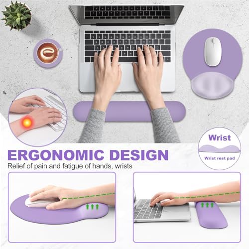 AIMSA Mouse Pad with Wrist Rest Support, Keyboard Wrist Rest Set, Ergonomic Memory Foam Mousepad for Computer Keyboard, Easy Typing and Pain Relief, Purple - Image 3