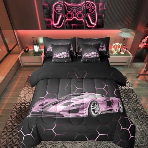 Feelyou Race Car Queen Comforter Set with Sheets for Kids Boys Girls Honeycomb Speed Sports Car Bed in a Bag Pink Extreme Sports Bedding Set 7 Piece Bedroom Decor Hexagon Theme Bed Set by Feelyou