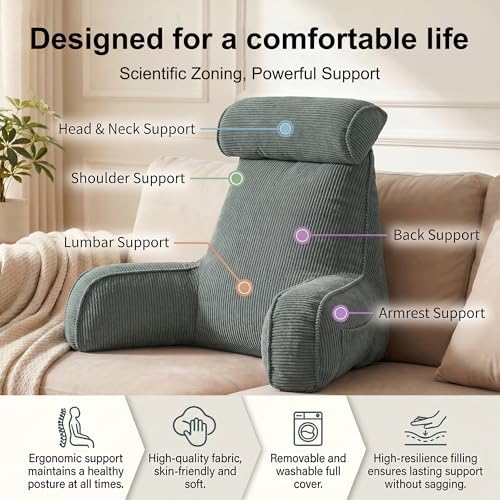 Sit Up Reading Pillow, Backrest Pillow with Arms, Corduroy Back Support Cushion with Side Pockets & Washable Cover, Bed Rest Support for Sofa Couch Floor Relax, Peacock Blue - Image 3