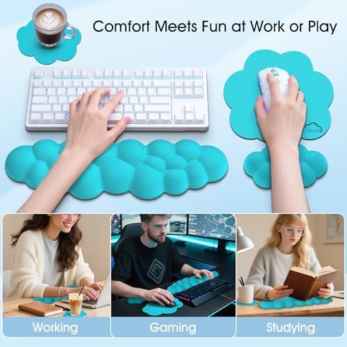 Cloud Wrist Rest Keyboard Cushion and Cloud Mouse Pad, Scuba Blue | 4-in-1 Ergonomic Cloud Keyboard Wrist Rest Set, Memory Foam, Arm Support for Palm, Cute Desk Accessory for PC Gaming Setup - Image 6