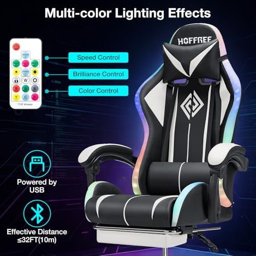 HOFFREE LED Gaming Chair with Massage RGB Lights Computer Game Chair-White | Ergonomic Reclining Gamer Chair with Footrest High Back Video Game Chair with Adjustable Lumbar Support Linkage Armrest - Image 5