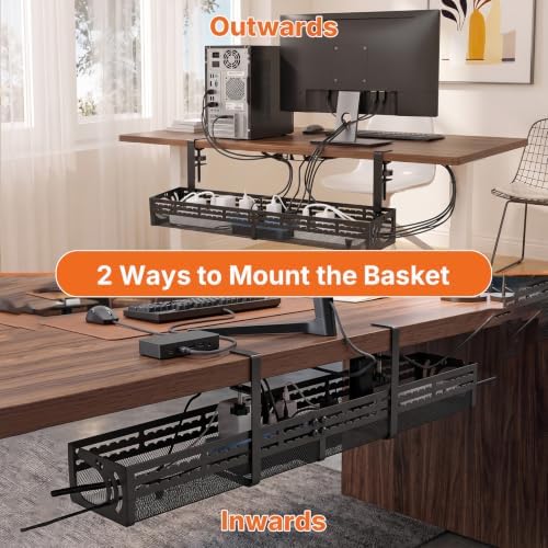 Under Desk Cable Management Tray, 15-25in Retractable Metal Cord Organizer Rack, No Drill Desk Tray with Clamp, Anti-Slip Pads Cable Tray for Home, Office, Gaming, Standing Desks - Image 3