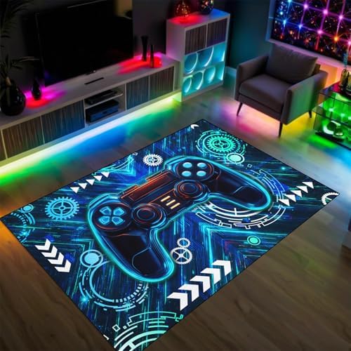 Gaming Rug for Boys Room - Gamer Rug, 5'X7' Cool Gaming Carpet for Teens Boys Bedroom Playroom Decor, Blue Game Controller Gaming Carpet for Office Computer Chair Floor Mats - Image 3