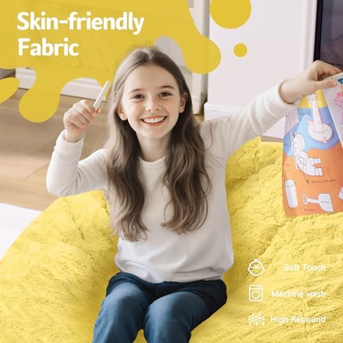 2FT Bean Bag Chair,Giant Bean Bag Chairs for Adults,Big Bean Bags with Memory Foam Filled, Large Beanbag Chairs with Chevron Plush Cover-Yellow - Image 3