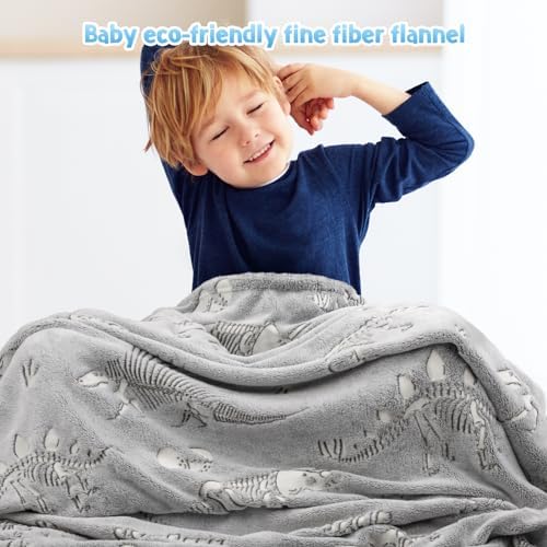 Dinosaur Gifts Toys for Kids Boys - Dino Glow in The Dark Blanket Christmas Birthday Valentines Easter Presents for Age 2 3 4 5 6 7 8 9 10 11 Years Old Teen Girls Toddler Children Throw Gray 50"x60" - Image 5
