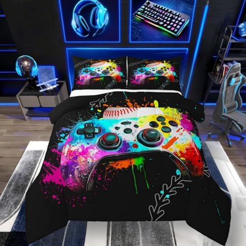 Erosebridal Gaming Bedding Set - Baseball Full Comforter Set, Watercolor Game Console Comforter Set, Rainbow Tie Dye Sports Bedding Set for Boys, Gamer Decor for Boys' Bedroom by Erosebridal
