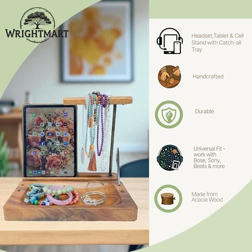 Multi-Device Headphone Stand, Acacia Wood Tech Organizer with Storage Tray - Image 3
