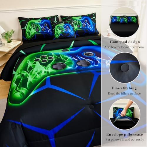 Twin Size Bed in A Bag Set 6 Pieces Kids Gamer Comforter Sets Video Games Console Bedding Set for Boys Teens Children Modern Blue and Green Bed Sets for Gaming Bedroom(Blue Green, Twin) - Image 5