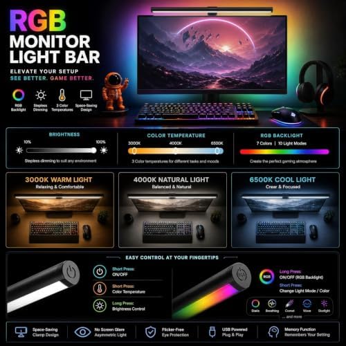 RGB Monitor Light Bar Dual USB Reading Screen Lamp Touch Switch - Image 5