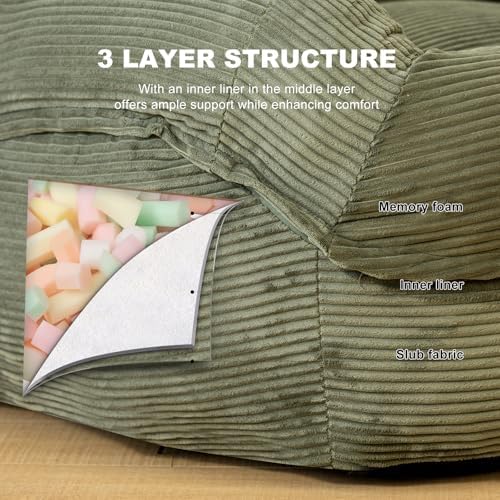 Giant Bean Bag Chair for Adults, Oversized Floor Lounge Chair with Armrests | Olive Green, soft corduroy and resilient foam for living rooms, bedrooms, reading nooks, gaming rooms, movie nights, and pets - Image 6