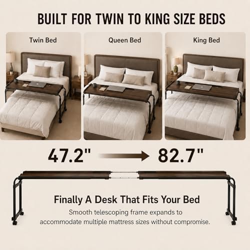 Over Bed Table with Wheels, Width & Height Adjustable, Rolling Over the Bed Desk with Cup Holder & Raised Baffle, Mobile Laptop Desk for King Queen Size Beds, Home Office, Bedroom Hospital Workstation - Image 2