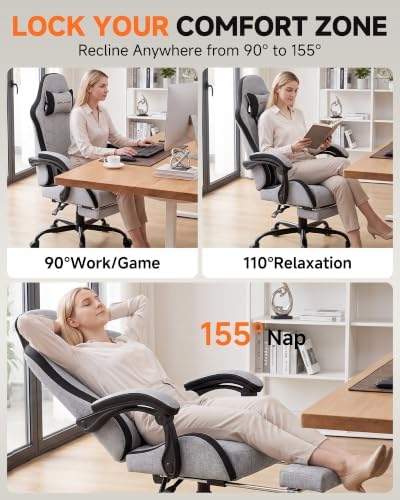GTPLAYER Gaming Chair for Adults, Computer Chair with Footrest, Grey | Ergonomic Video Game Chair with 90-155° Recline, Removable Headrest & Lumbar Support, All-Day Comfort for Home & Office - Image 5