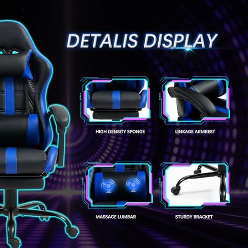 ECOTOUGE Massage Gaming Chair with Footrest & Lumbar Support, Blue | Premium PU Leather; Ergonomic Massage Lumbar; 90-135° Recline; Height Adjustable; Retractable Footrest; 330Lbs Steel Frame - Image 5