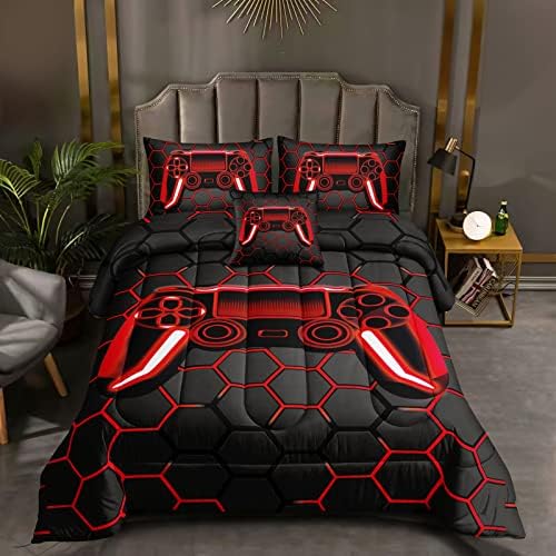 ROWADALO 6 Pieces Gaming Bedding Set for Boys Gamer Comforter Set Queen Size,Game Controller Comforter for Boys Kids Adult 3D Gamepad Microfiber Bedding 6 Pieces Bed in A Bag Sets H50023,Queen by ROWADALO