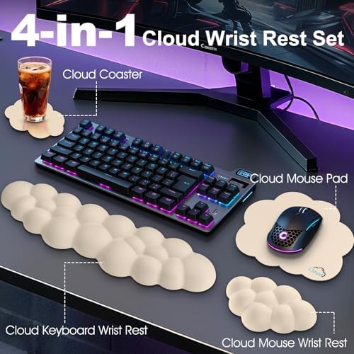 Cloud Wrist Rest Keyboard Cushion and Cloud Mouse Pad, Beige | 4-in-1 Ergonomic Cloud Keyboard Wrist Rest Set, Memory Foam, Arm Support for Palm, Cute Desk Accessory for PC Gaming Setup - Image 2
