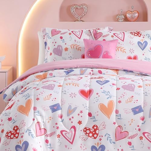 Twin Comforter Set for Girls - 3 Pieces Pink Hearts Twin Bedding Sets - Image 4