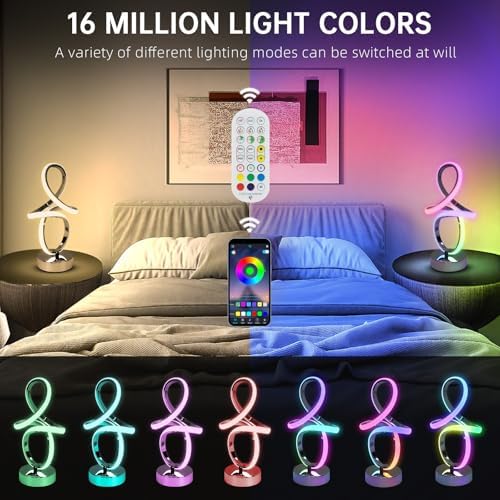 EIDISUNY Modern RGB Table Lamps, Multicolor Changing Spiral Bedside Lamp with Remote&APP, Cool Table Lamp, Dimmable LED Nightstand Lamp with Music Rhythm Modes for Bedroom, Living Room, Black(2 Pack) - Image 2