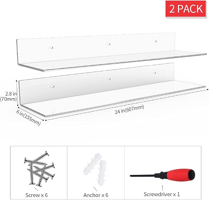 Sezanrpt 24 Inches Clear Floating Shelves for Wall, Acrylic Long Wall Shelf, Wall Mounted Shelves for Plants, Speaker, Radio, Funko Pop, Stuffed Animal, Books, Cosmetics, Toiletries, 2 Pack (24 Inch) - Image 3