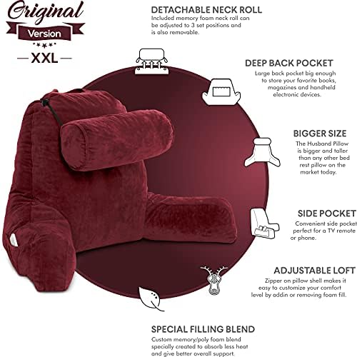 Husband Pillow XXL The Original for Adults - 30" Tall Backrest for Sitting Up in Bed - Firm Support Reading & Bed Rest Pillows for Adults, Neck Roll, Removable Cover - TV - Maroon - Image 5