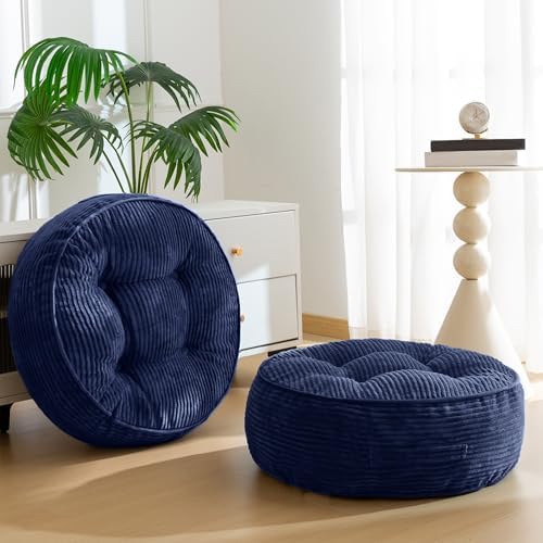 HIGOGOGO 8" Extra Thick Floor Pillow Cushion for Adults, Meditation Cushion Pillow, Large Round Floor Sitting, Tufted Corduroy Cover, for Tatami Living Room or Yoga, 22x22 Inch, 2Pack, Navy by HIGOGOGO