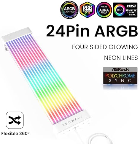 TECWARE Flex RGB Cable Cover Kit | Compatible with 24-Pin Motherboard and 8-Pin/16-Pin GPU | ARGB PSU Cable Extension with 5V 3-Pin Sync | RGB Lighting Kit for PC Cables | White - Image 2