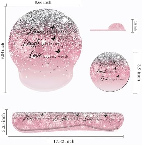 Keyboard Wrist Rest and Mouse Pad Wrist Support Set with Coasters,Ergonomic Gaming Mousepad for Home Office Working Studying Easy Typing & Pain Relief,Live Love Laugh Quote Pink Sparkle Glitter - Image 2
