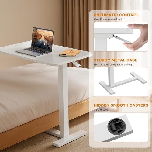 Overbed Bedside Table with Hidden Casters, Adjustable Hospital & Home Use Bed Table, Rolling Laptop Table, Movable Standing Desk, White - Image 5