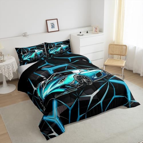 Feelyou Teal Blue Race Car Bedding Set Toddler Size for Kids Boys Extreme Sport Games Comforter Set Teens Toddler Fast and Furious Car Duvet Set Cool Modern Quilt Set 2Pcs - Image 4