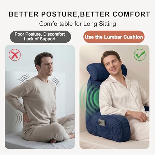 Bed Rest Reading Pillow with Arms & Detachable Headrest, Corduroy Backrest Cushion with Side Pockets & Washable Cover, Sit Up Pillow for Bed, Sofa Reading, Relaxing & Watching TV, Navy Blue - Image 5