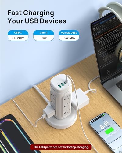TROND 360 Rotating Plug Power Strip Tower with 5ft Retractable Cord, White - Image 6