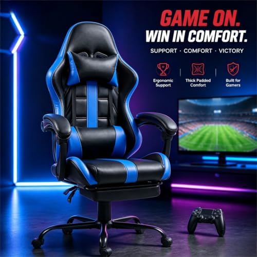 ECOTOUGE Massage Gaming Chair with Footrest & Lumbar Support, Blue | Premium PU Leather; Ergonomic Massage Lumbar; 90-135° Recline; Height Adjustable; Retractable Footrest; 330Lbs Steel Frame - Image 4