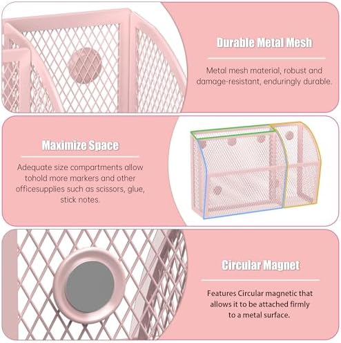 YINGHUA 3 Compartment Magnetic Metal Mesh Pen Holder, Pink Desk Caddy - Image 4
