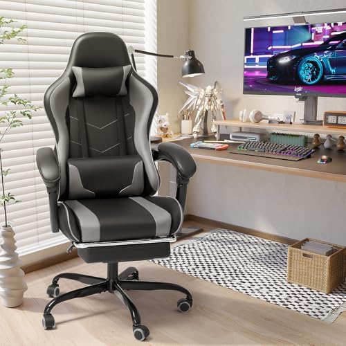Shahoo Gaming Chair with Footrest and Massage Lumbar Support, Video Racing Seat Height Adjustable with 360°Swivel and Headrest for Office or Bedroom, Grey - Image 4