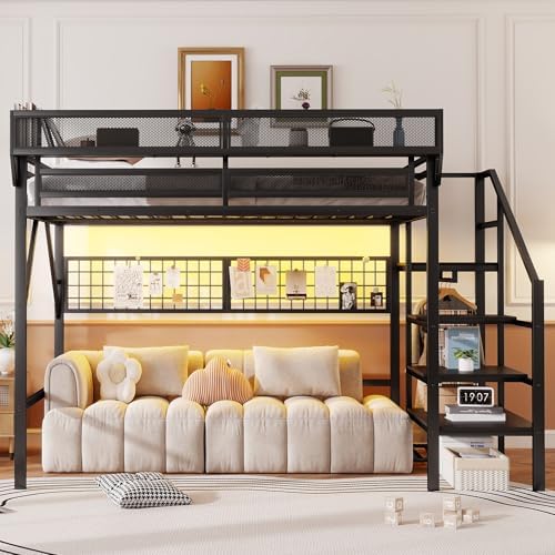 KEIKI Queen Size Metal Loft Bed Frame with Grid & Staircase & Built-in Storage Shelves & Wardrobe, Loft Bed with Solid Slats & Guardrail, No Box Spring Required, Easy Assembly, for Bedroom, Black - Image 3