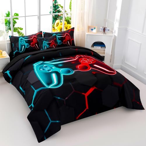 6 Pieces Gamer Bed in A Bag Full Size 3D Game Console Kids Bedding Set for Boys Teal and Blue Gaming Comforter Set with Sheets Gamepad Printed Teen Boy Bed Sets (Teal Red, Full) - Image 2