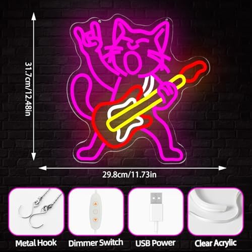 Cat Guitar Neon Signs for Wall Decor Dimmable Rock & Roll Kitty Neon Lights USB Cat Playing Guitar Led Sign Music Cats Neon Wall Decor for Bedroom Bar Studio - Image 5