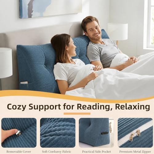 Wedge Reading Pillow Headboard King Size, Headboard Bolster Pillow for Bed, Triangular Backrest Cushion with Removable Corduroy Cover, Blue - Image 4