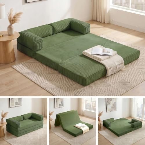 Convertible Sofa Bed Queen,5-in-1 Boneless Couch with Removable Armrests & Handle,Corduroy Futon Sleeper Sofa,Floor Folding Mattress Pull Out Bed for Small Space Apartment Living Room Bedroom,Green by NLDDTrailblazersTreasures
