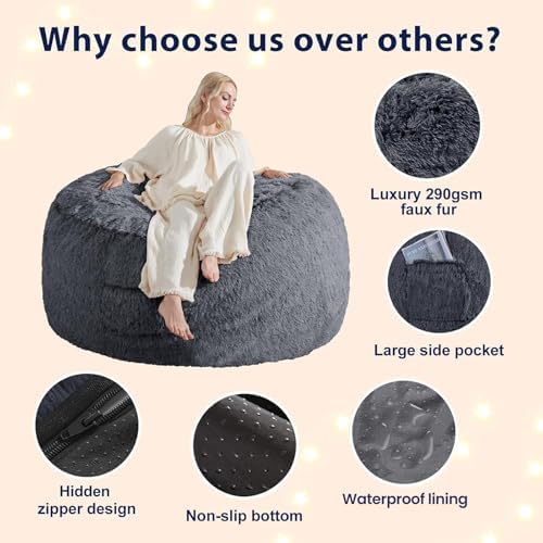 Bean Bag Cover (No Filler) - Faux Fur Beanbag Chairs Covers Only, Stuffed Animal Storage Bean Bag for Adults, Large Washable Beanbag Cover Without Filling, 5FT, Dark Grey - Image 5